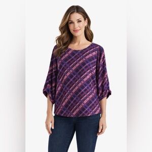 Pixley Stitch Fix Ellie Plaid printed 3/4 Sleeve blouse purple size xs top